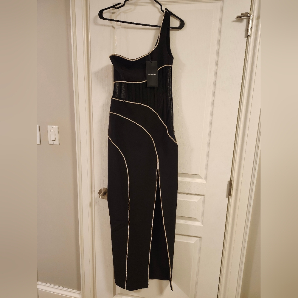Black One Shoulder Bodycon Dress with White Accents